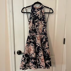 Printed Mock-Neck Crochet-Trim Fit & Flare Dress